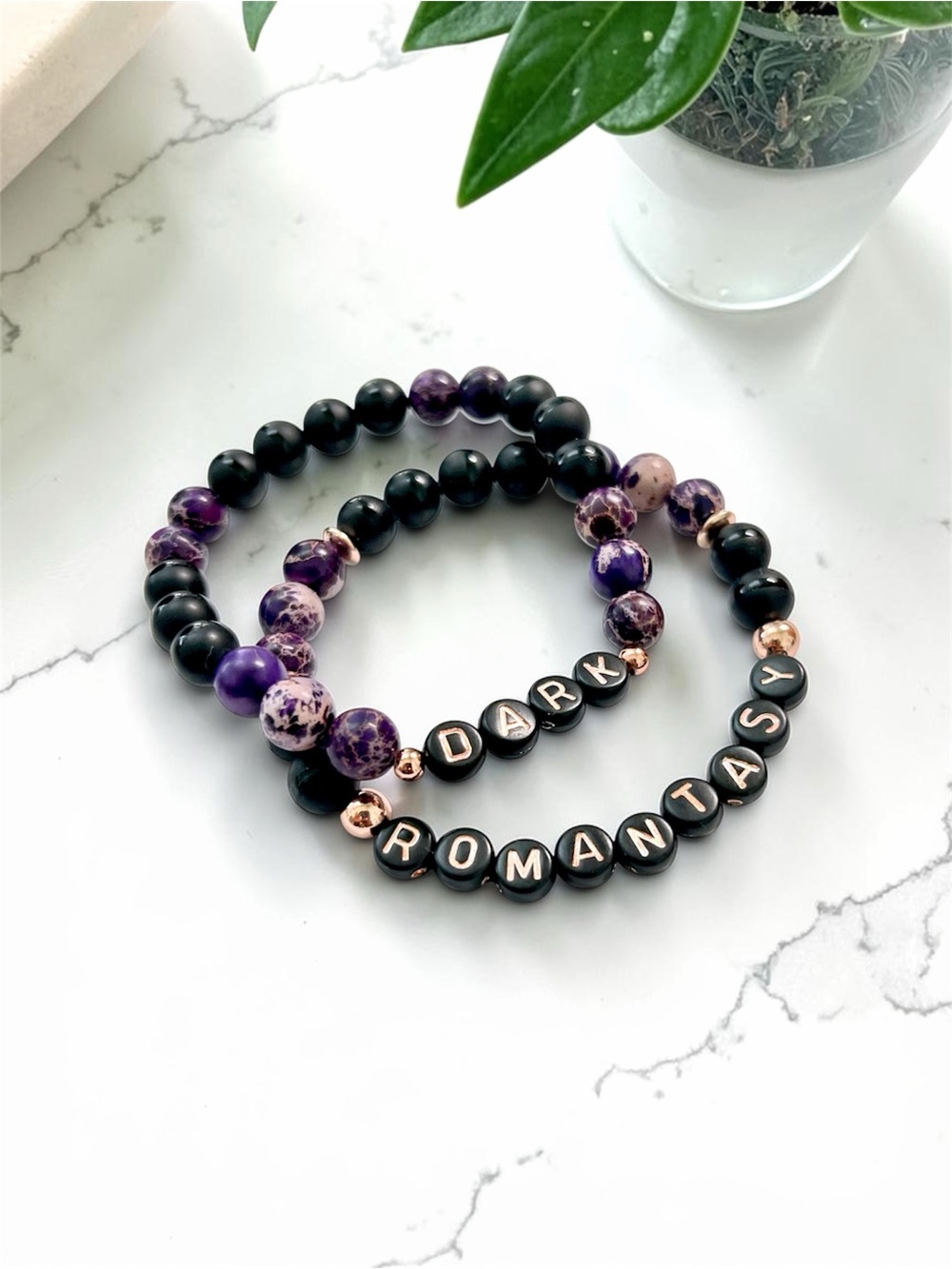 Purple & Black Beaded Bracelet Set with Gold Accents